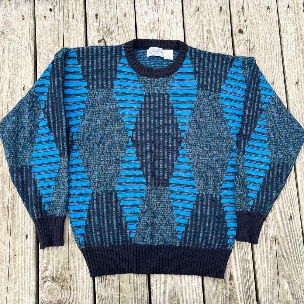 Vintage 80s Geometric Grandpa Knit Sweater Blue & Black Size Small